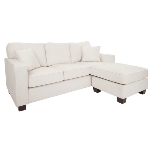 Ivory upholstered sectional sofa with reversible chaise, square arms, cushion back, and coffee-finished wood block legs