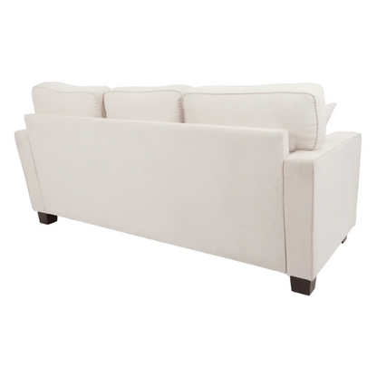 Ivory upholstered sectional sofa with reversible chaise, square arms, cushion back, and coffee-finished wood block legs