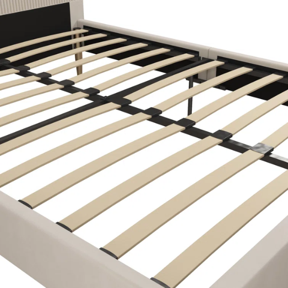 Ivory velvet king-size platform bed with upholstered headboard and footboard, no box spring required.

