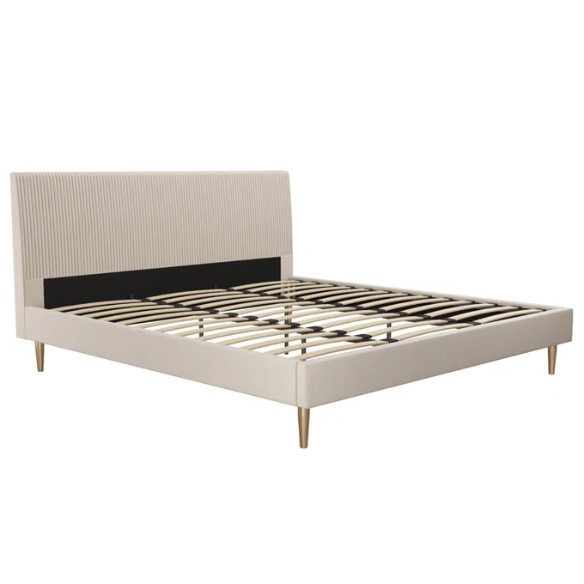 Ivory velvet king-size platform bed with upholstered headboard and footboard, no box spring required.

