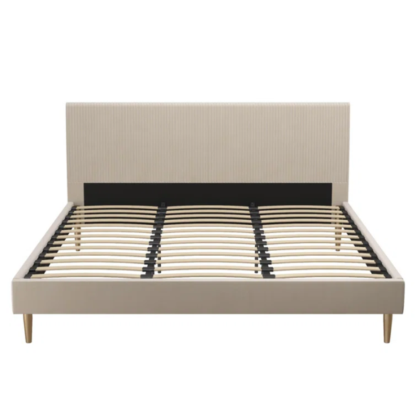 Ivory velvet king-size platform bed with upholstered headboard and footboard, no box spring required.

