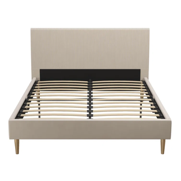 Ivory velvet king-size platform bed with upholstered headboard and footboard, no box spring required.

