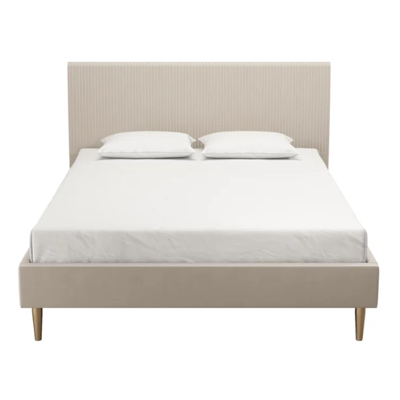 Ivory velvet king-size platform bed with upholstered headboard and footboard, no box spring required.

