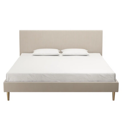 Ivory velvet king-size platform bed with upholstered headboard and footboard, no box spring required.

