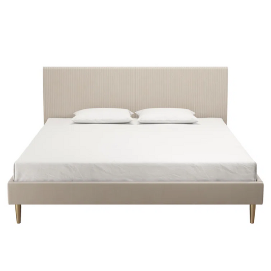 Ivory velvet king-size platform bed with upholstered headboard and footboard, no box spring required.

