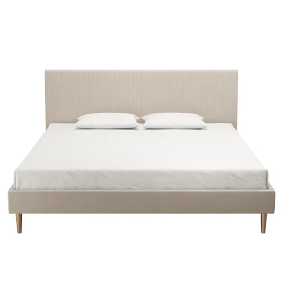 Ivory velvet king-size platform bed with upholstered headboard and footboard, no box spring required.


