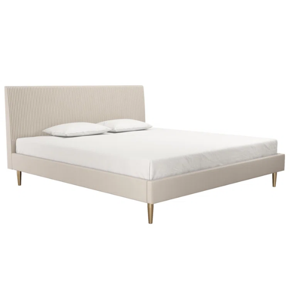 Ivory velvet king-size platform bed with upholstered headboard and footboard, no box spring required.

