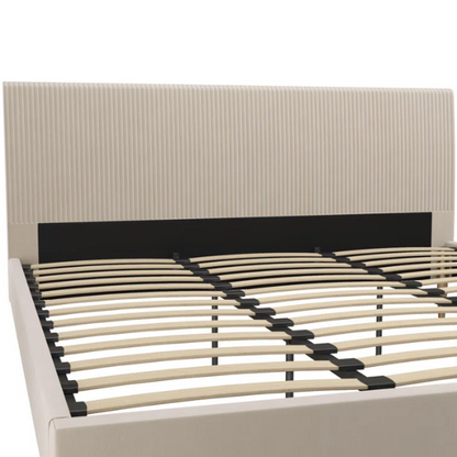 Ivory velvet king-size platform bed with upholstered headboard and footboard, no box spring required.

