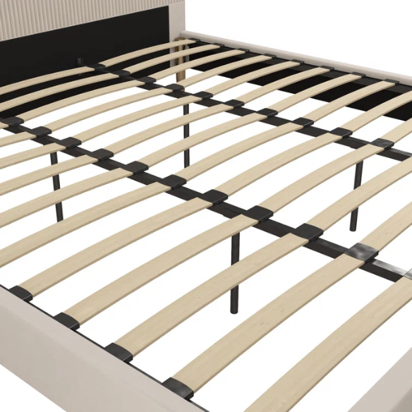 Ivory velvet king-size platform bed with upholstered headboard and footboard, no box spring required.

