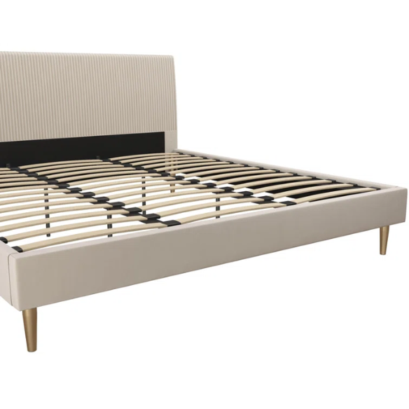 Ivory velvet king-size platform bed with upholstered headboard and footboard, no box spring required.

