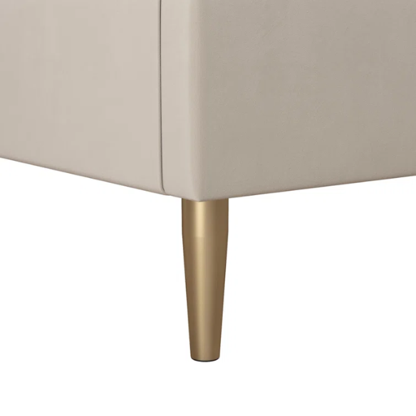 Ivory velvet king-size platform bed with upholstered headboard and footboard, no box spring required.

