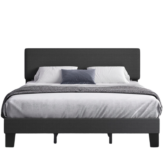 King-size upholstered platform bed with adjustable linen headboard, underbed storage clearance, and soft padded frame in modern design

