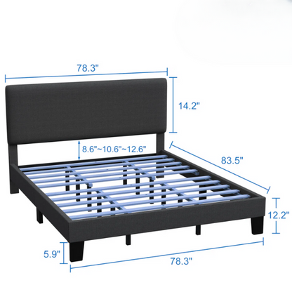 King-size upholstered platform bed with adjustable linen headboard, underbed storage clearance, and soft padded frame in modern design


