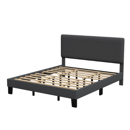 King-size upholstered platform bed with adjustable linen headboard, underbed storage clearance, and soft padded frame in modern design

