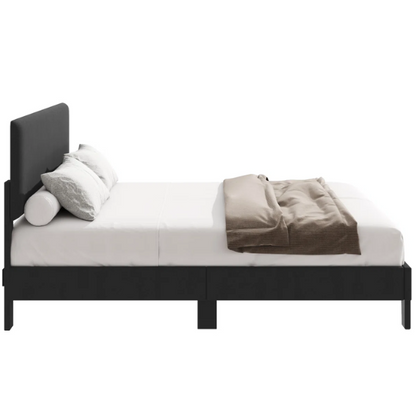 King-size upholstered platform bed with adjustable linen headboard, underbed storage clearance, and soft padded frame in modern design

