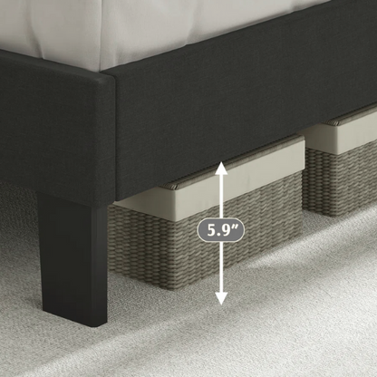 King-size upholstered platform bed with adjustable linen headboard, underbed storage clearance, and soft padded frame in modern design

