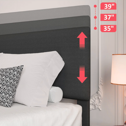 King-size upholstered platform bed with adjustable linen headboard, underbed storage clearance, and soft padded frame in modern design

