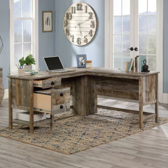 L-Shaped Executive Desk with Rustic Cedar Finish and Storage, Perfect for Home Office
