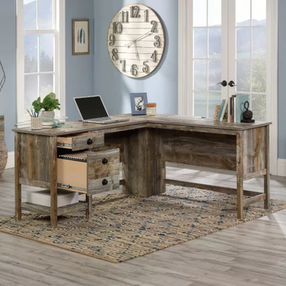 L-Shaped Executive Desk with Rustic Cedar Finish and Storage, Perfect for Home Office
