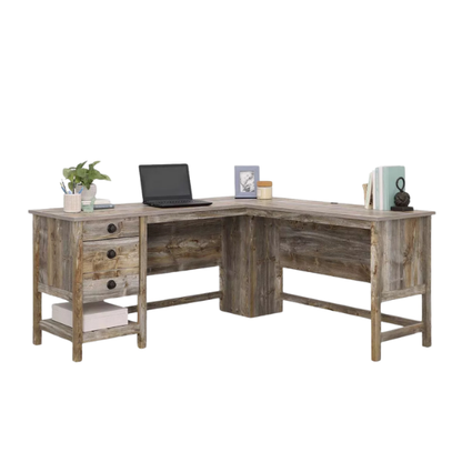 L-Shaped Executive Desk with Rustic Cedar Finish and Storage, Perfect for Home Office