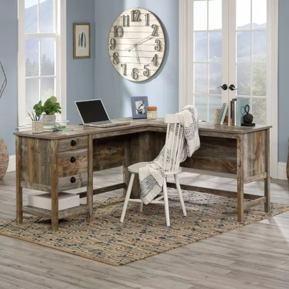 L-Shaped Executive Desk with Rustic Cedar Finish and Storage, Perfect for Home Office