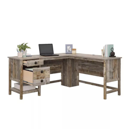 L-Shaped Executive Desk with Rustic Cedar Finish and Storage, Perfect for Home Office