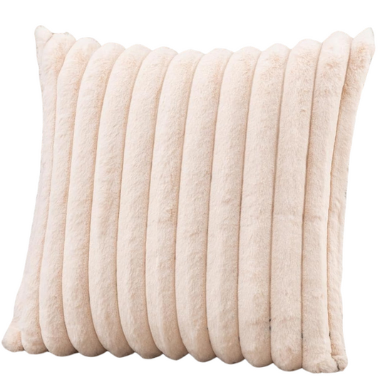 Soft light apricot striped throw pillow cover with faux wool front and velvet back, 16x16 size.