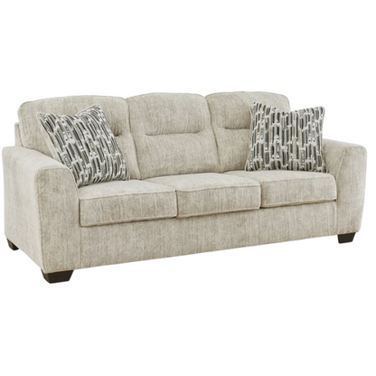 Light beige 3-seater sofa with plush cushions, accent pillows, and dark tri-block legs, ideal for modern living rooms.


