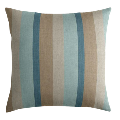 Striped accent pillow in light blue, misty teal, warm sand, and light beige – reversible and weather-resistant with plush polyester fill, perfect for indoor or outdoor spaces.

