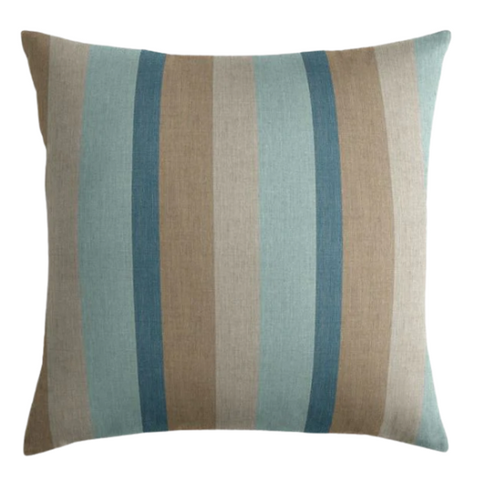 Striped accent pillow in light blue, misty teal, warm sand, and light beige – reversible and weather-resistant with plush polyester fill, perfect for indoor or outdoor spaces.

