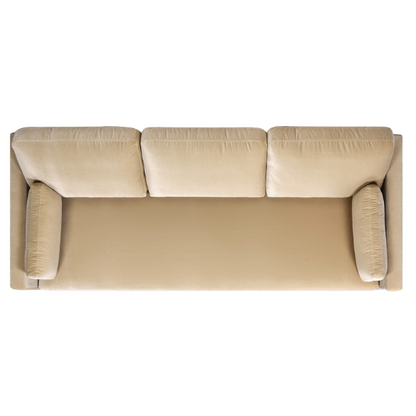 Light camel velvet 3-seater sofa with feather-down cushions, track arms, and solid wood legs, ideal for modern and transitional spaces.

