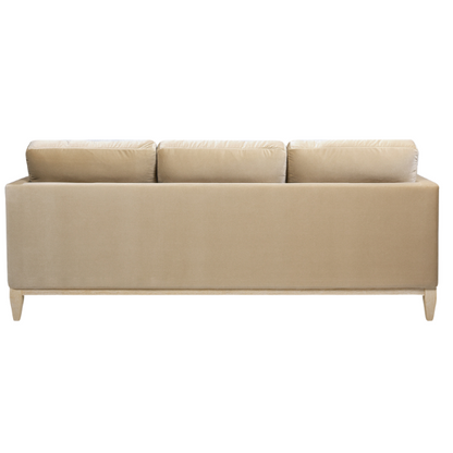 Light camel velvet 3-seater sofa with feather-down cushions, track arms, and solid wood legs, ideal for modern and transitional spaces.

