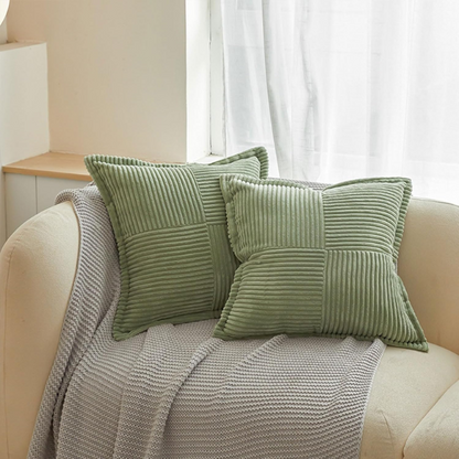Light green corduroy pillow cover with geometric striped pattern, modern and eco-friendly, ideal for sofas, chairs, and outdoor patios.