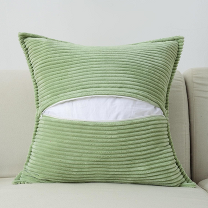 Light green corduroy pillow cover with geometric striped pattern, modern and eco-friendly, ideal for sofas, chairs, and outdoor patios.