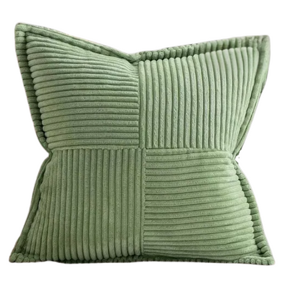 Light green corduroy pillow cover with geometric striped pattern, modern and eco-friendly, ideal for sofas, chairs, and outdoor patios.
