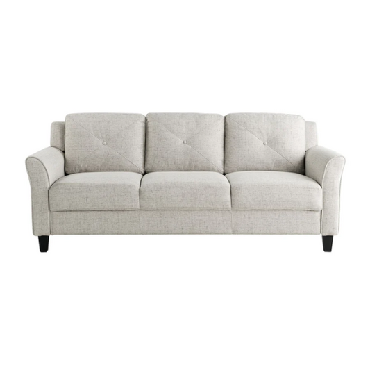 Modern 3-seater sofa upholstered in light grey microfiber with tufted back cushions, flared arms, and a durable eucalyptus wood frame – ideal for contemporary and transitional living rooms

