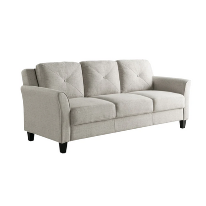 Modern 3-seater sofa upholstered in light grey microfiber with tufted back cushions, flared arms, and a durable eucalyptus wood frame – ideal for contemporary and transitional living rooms

