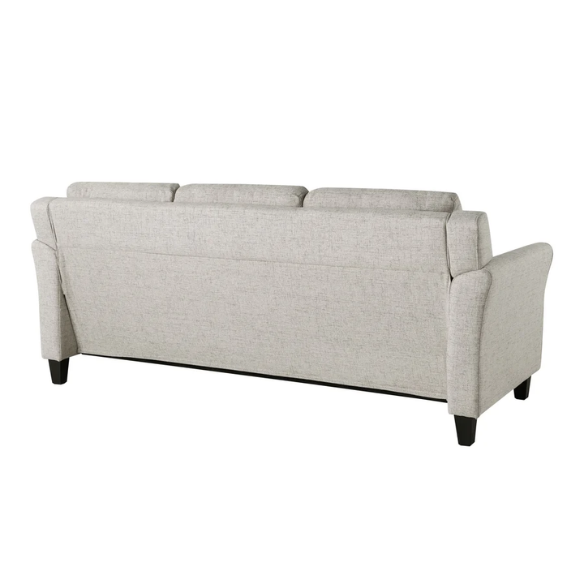 Modern 3-seater sofa upholstered in light grey microfiber with tufted back cushions, flared arms, and a durable eucalyptus wood frame – ideal for contemporary and transitional living rooms

