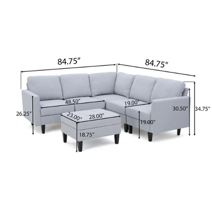 Light grey 5-piece modular sectional sofa set with ottoman and dark wood legs for modern living rooms