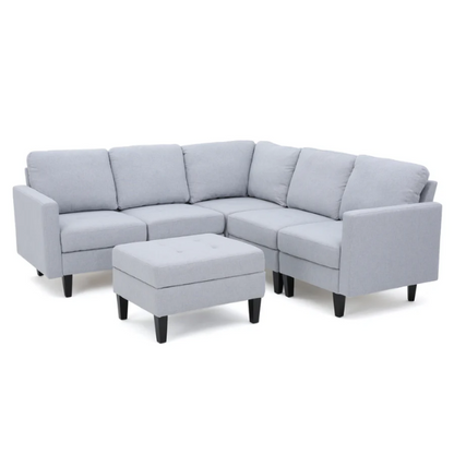 Light grey 5-piece modular sectional sofa set with ottoman and dark wood legs for modern living rooms