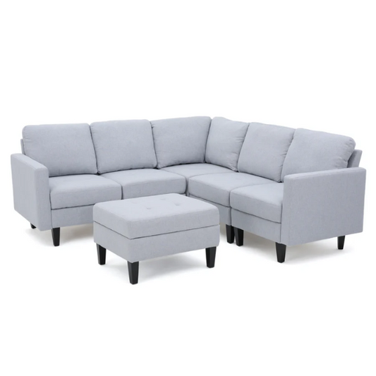 Light grey 5-piece modular sectional sofa set with ottoman and dark wood legs for modern living rooms