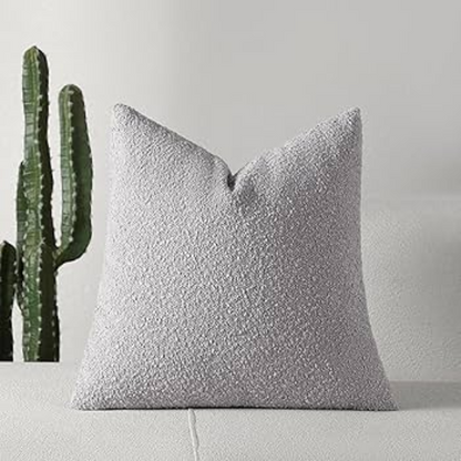 Light grey boucle throw pillow cover with soft loop texture, 18x18 inches – modern cozy accent for sofa, bed, or armchair