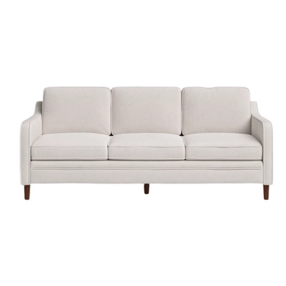 Light grey chenille upholstered sofa with curved track arms, foam-filled cushions, and brown tapered wood legs in a modern mid-century design.