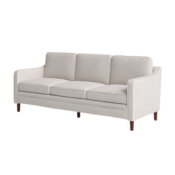 Light grey chenille upholstered sofa with curved track arms, foam-filled cushions, and brown tapered wood legs in a modern mid-century design.