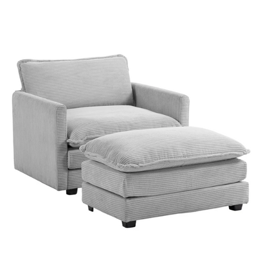 Light grey corduroy accent chair with matching ottoman, featuring soft textured upholstery, high-resilience foam cushions, and a compact modern design.
