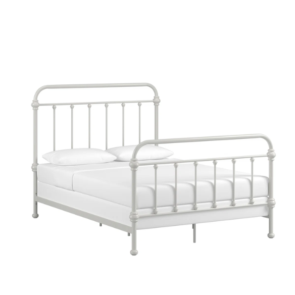 Light grey full size metal bed frame with spindle headboard and footboard, decorative finials, and center support legs.