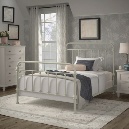 Light grey full size metal bed frame with spindle headboard and footboard, decorative finials, and center support legs.