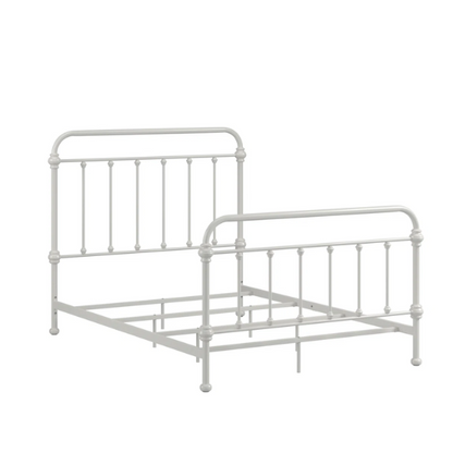 Light grey full size metal bed frame with spindle headboard and footboard, decorative finials, and center support legs.