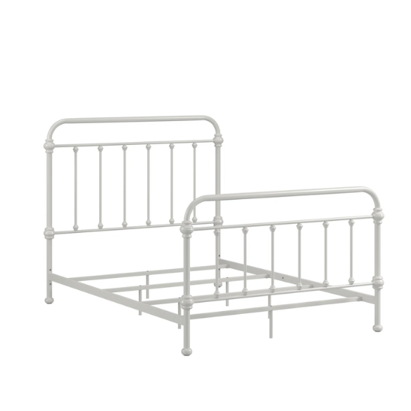 Light grey full size metal bed frame with spindle headboard and footboard, decorative finials, and center support legs.