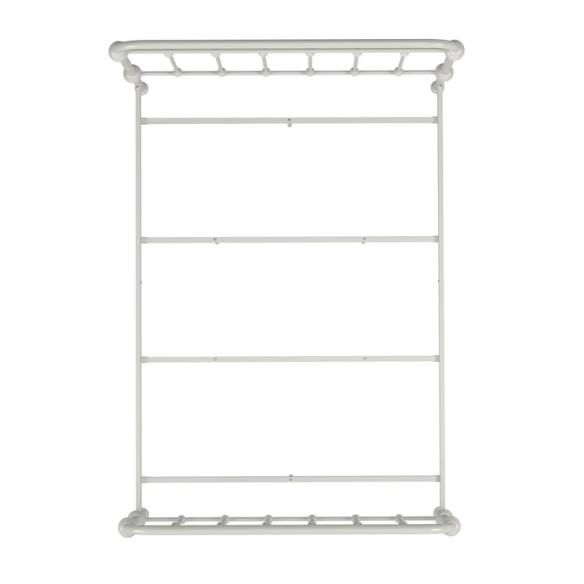 Light grey full size metal bed frame with spindle headboard and footboard, decorative finials, and center support legs.